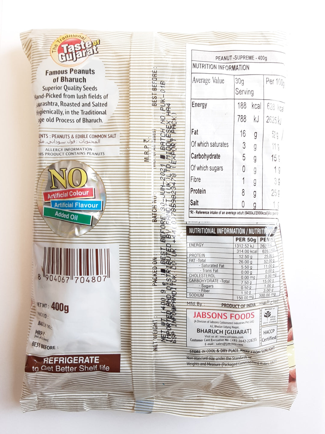 Jabsons Bharuchi Salted Roasted Peanuts 400g